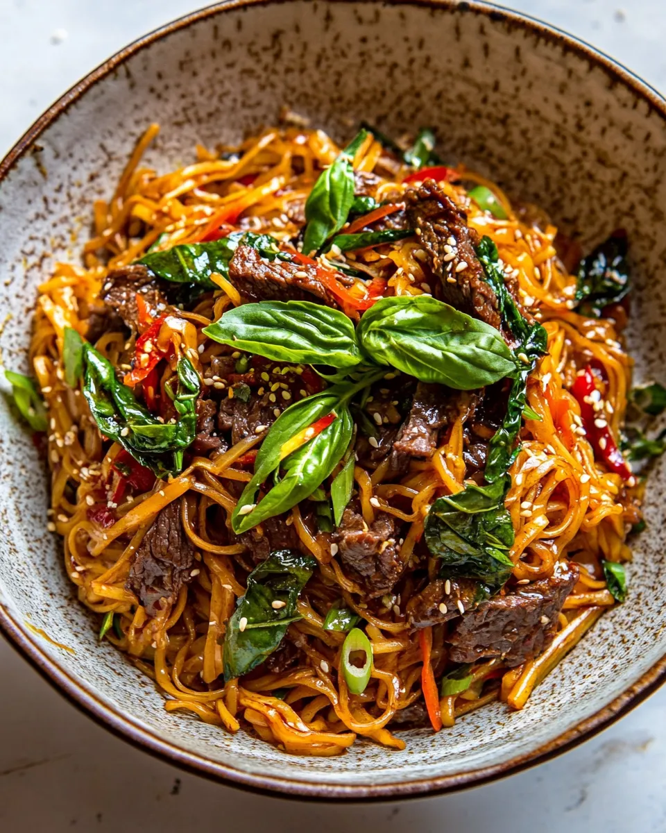 Easy 30 Minute Thai Basil Beef Noodles. food shot