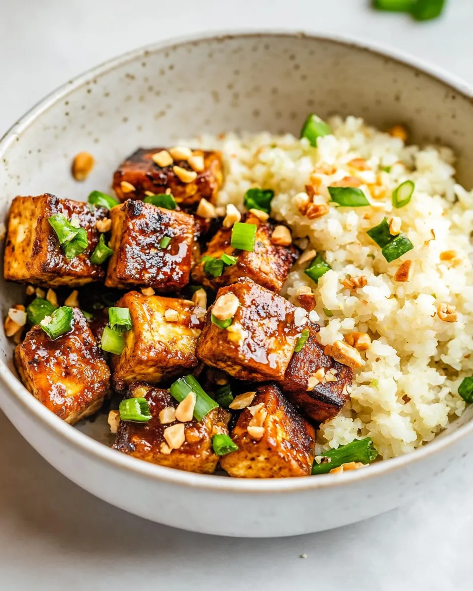 Easy Air Fryer Peanut Curry Tofu with Gingery Cauliflower Rice food shot