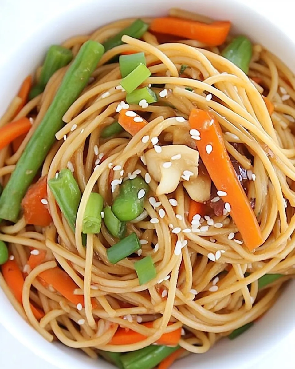 Delicious Asian Spaghetti with Garlic and Vegetables shot