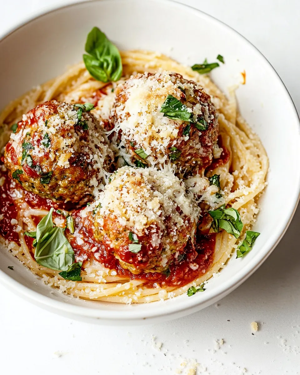 Perfect Baked Chicken Parmesan Meatballs with Roasted Garlic Spaghetti. recipe image