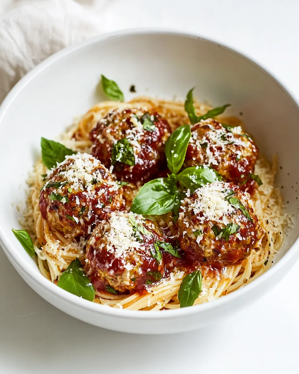 Homemade Baked Chicken Parmesan Meatballs with Roasted Garlic Spaghetti. recipe photo