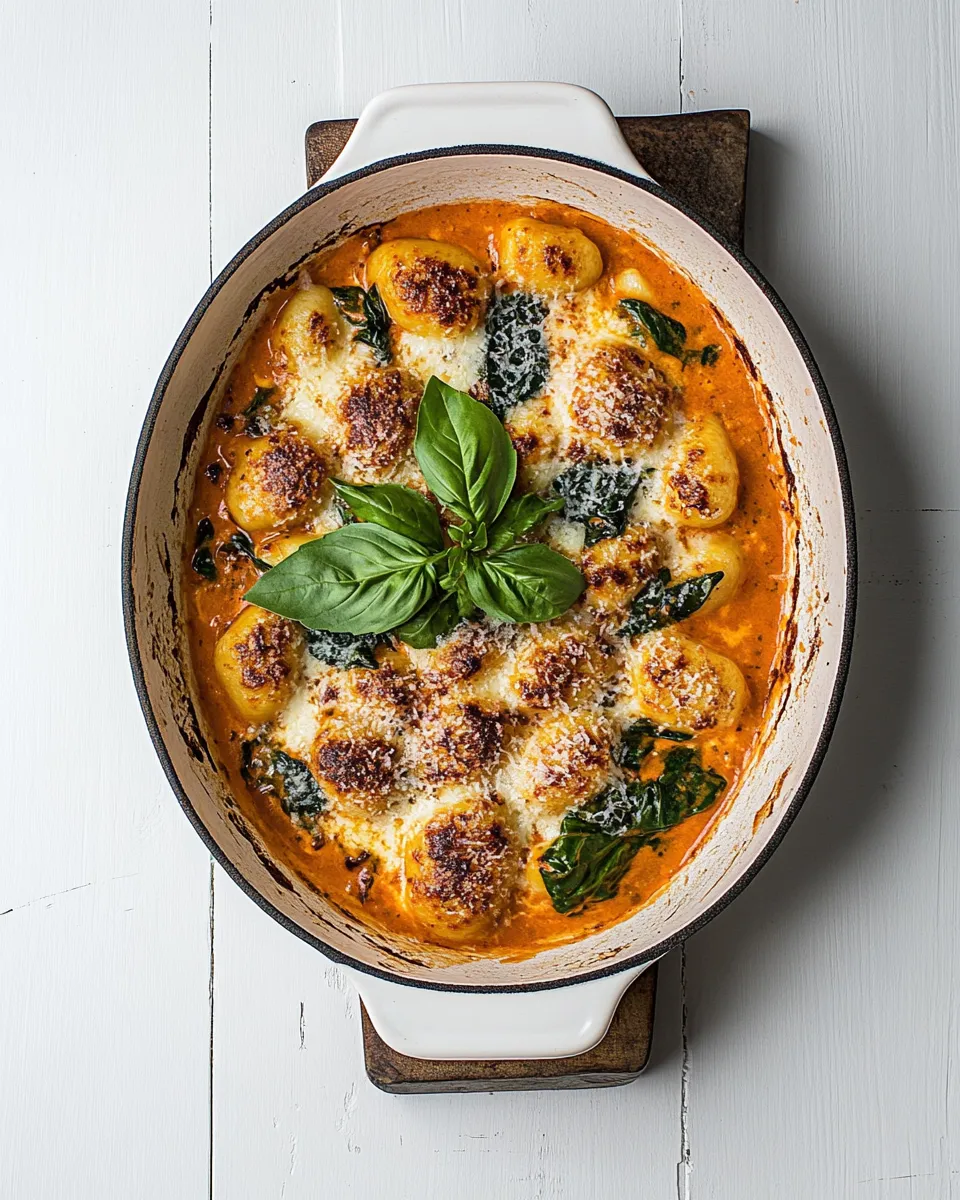 Homemade Baked gnocchi with creamy tomato & spinach photo