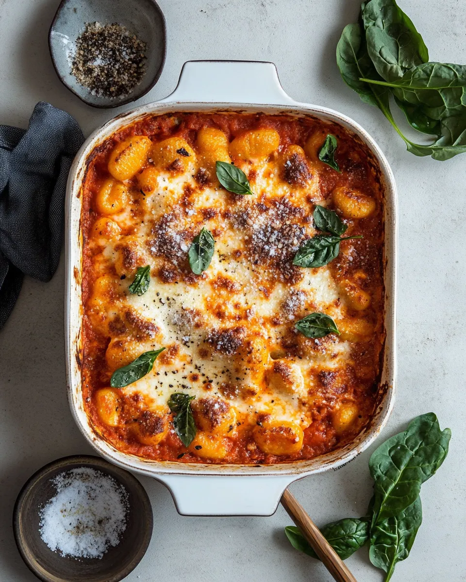 Savory Baked gnocchi with creamy tomato & spinach shot