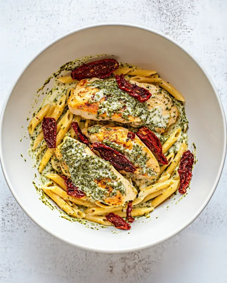 Homemade Basil Pesto Chicken with Alfredo Penne and Sun Dried Tomatoes photo