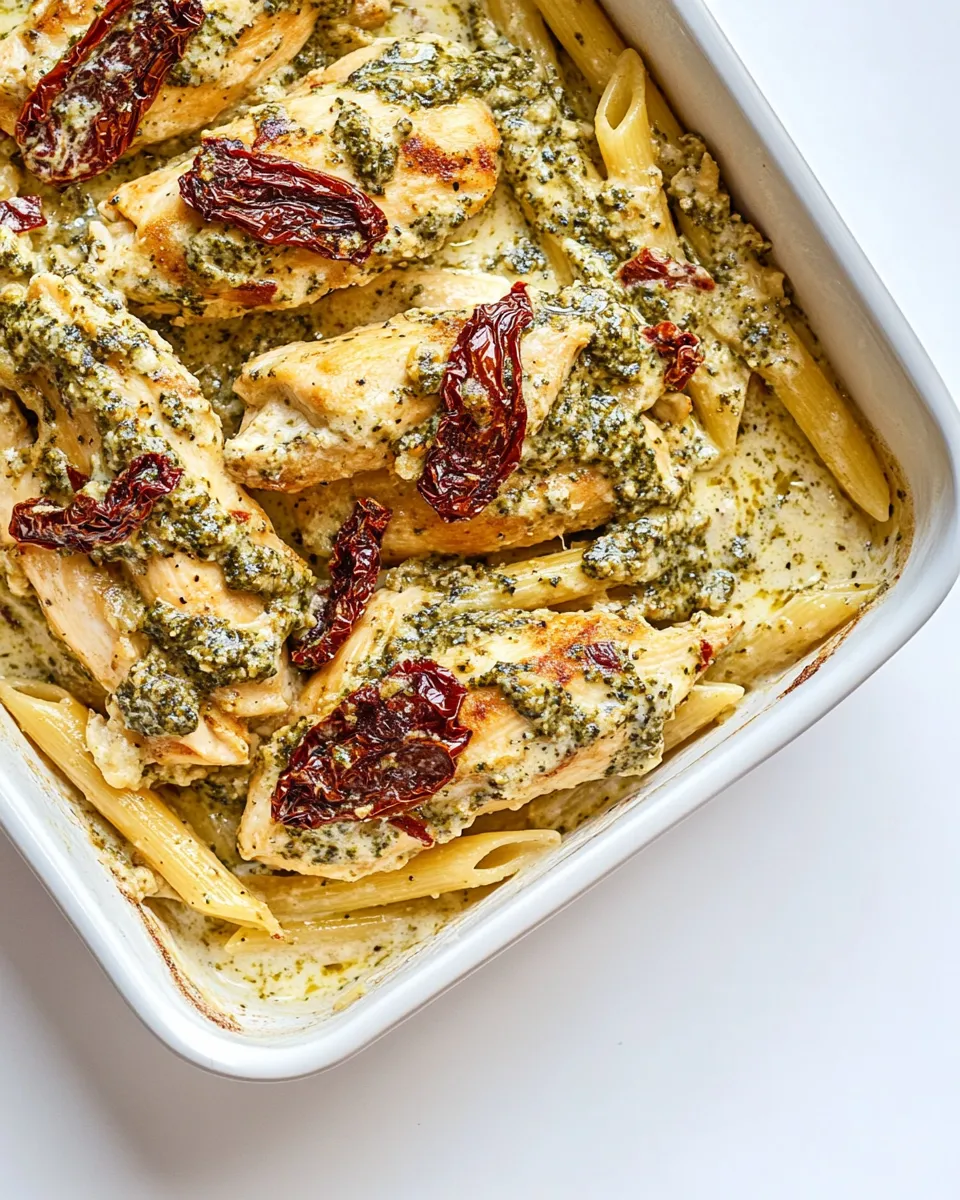 Easy Basil Pesto Chicken with Alfredo Penne and Sun Dried Tomatoes shot