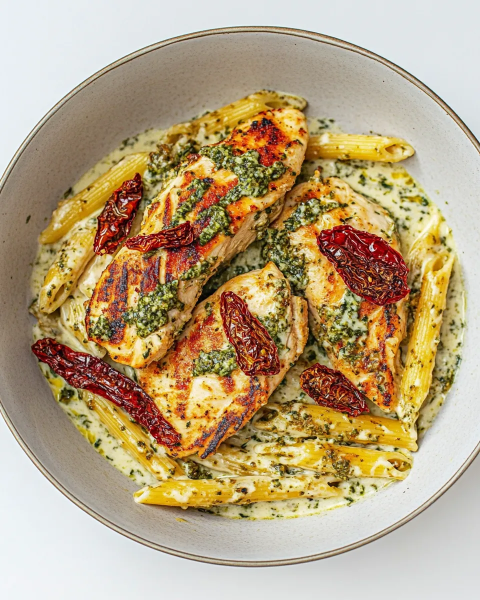 Delicious Basil Pesto Chicken with Alfredo Penne and Sun Dried Tomatoes recipe photo