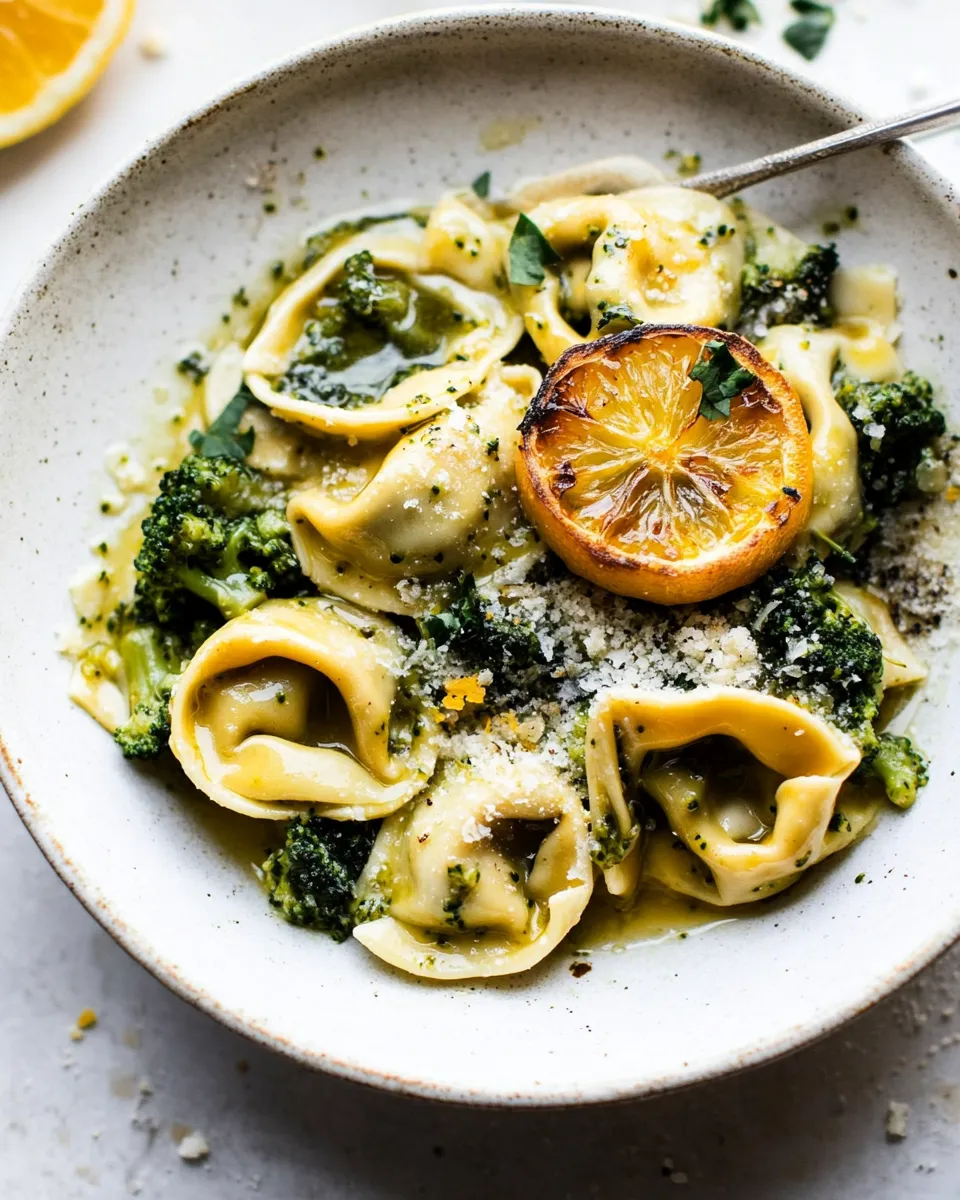 Ultimate Best Easy Broccoli Cheese Tortellini with Fried Lemon. shot