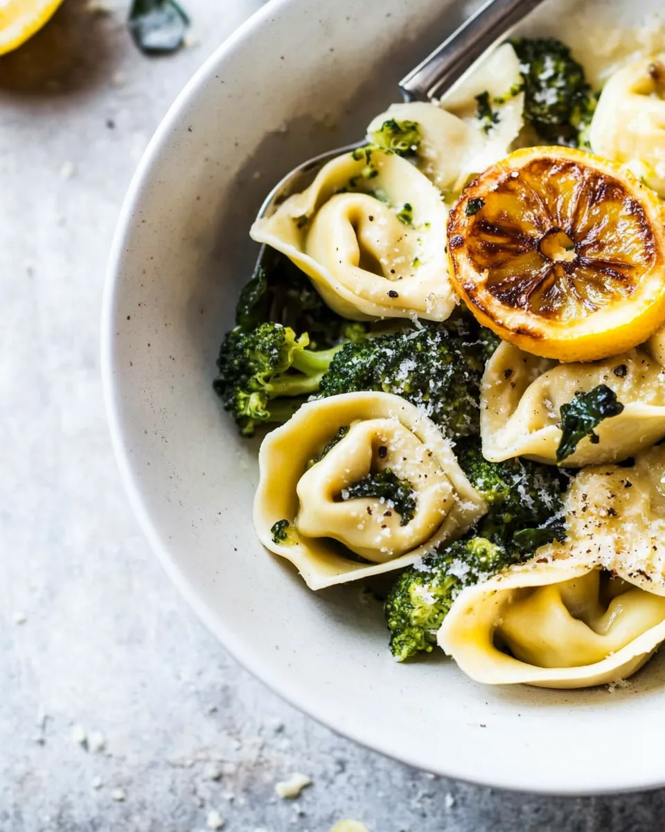 Classic Best Easy Broccoli Cheese Tortellini with Fried Lemon. food shot