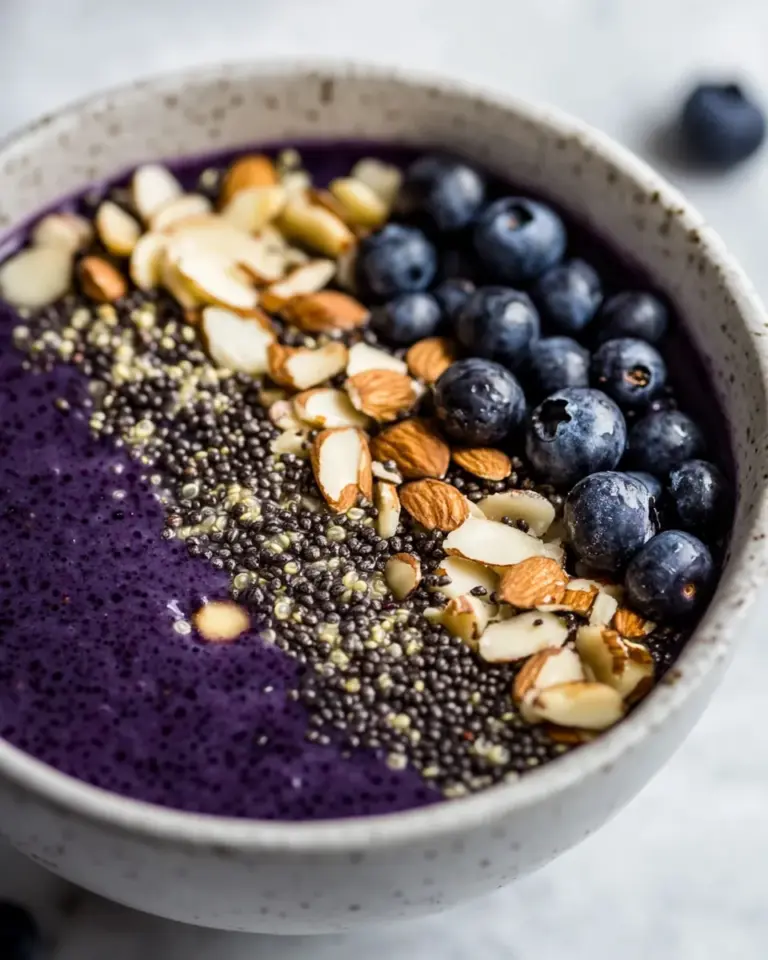 Homemade Blueberry Almond Breakfast Quinoa Smoothie Bowl photo