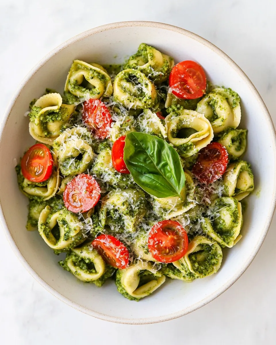 Sweet Broccoli Pesto Tortellini Salad. food shot