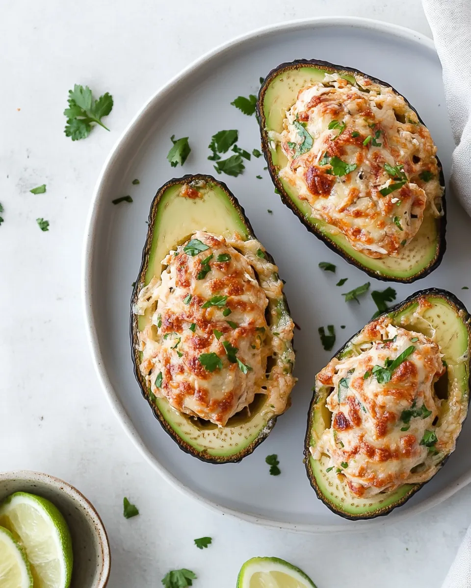 Savory Cheesy Chicken Baked Avocados. recipe image