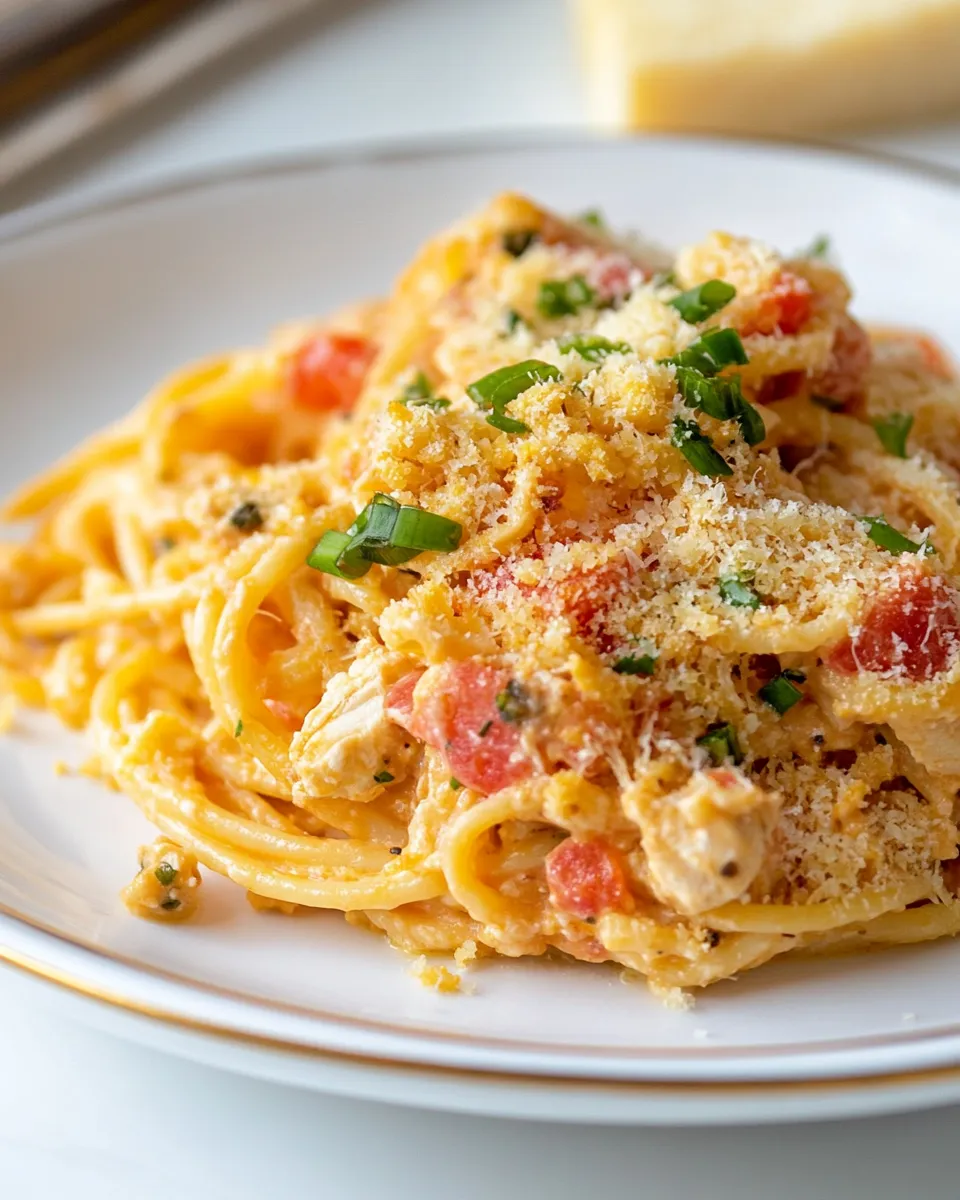 Quick Cheesy Chicken Spaghetti with Rotel shot