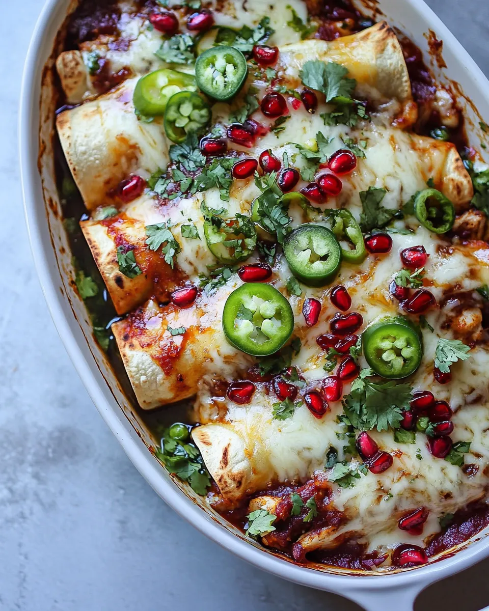 Easy Cheesy Sweet and Sour Pomegranate Thai Chicken Enchiladas. food shot