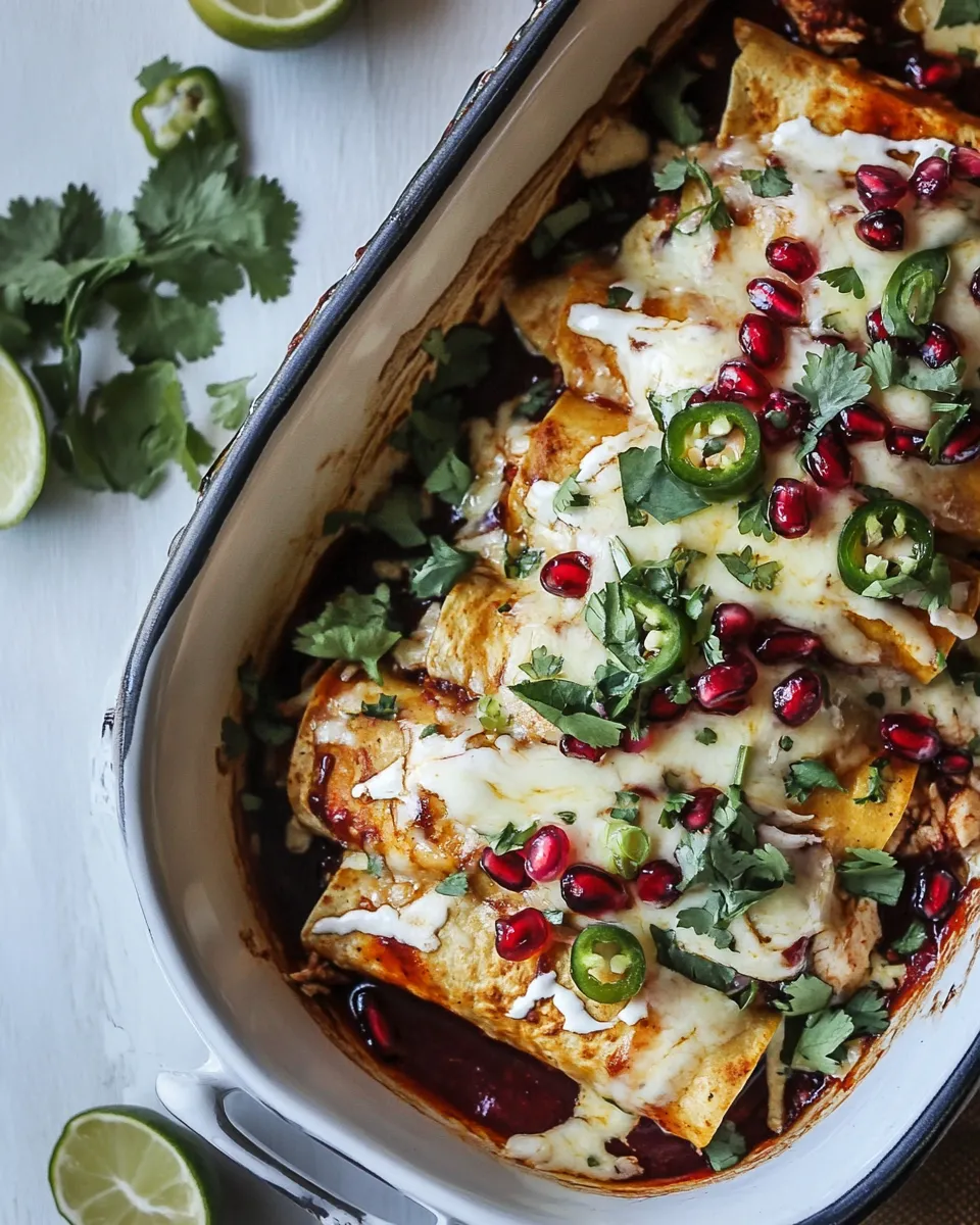 Delicious Cheesy Sweet and Sour Pomegranate Thai Chicken Enchiladas. plate image