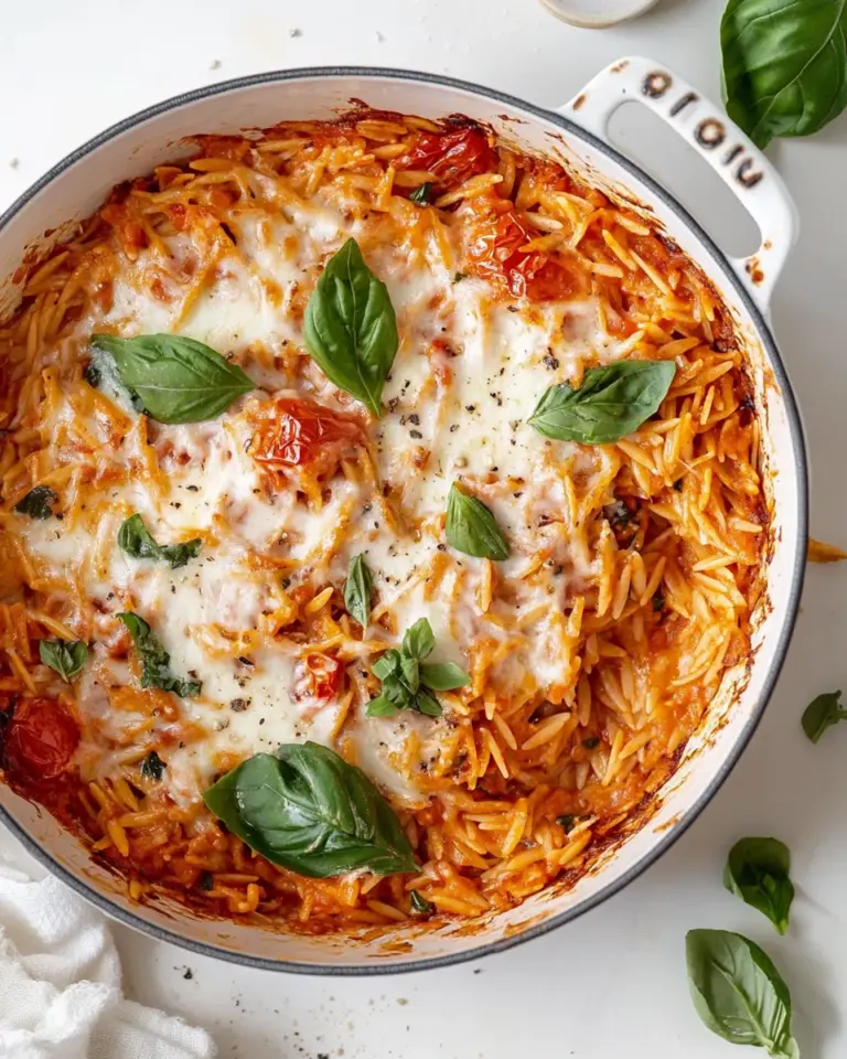 Classic Cheesy Tomato Basil Baked Orzo. recipe photo