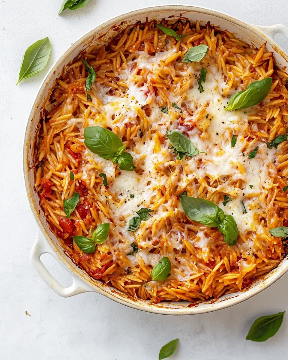 Quick Cheesy Tomato Basil Baked Orzo. recipe photo