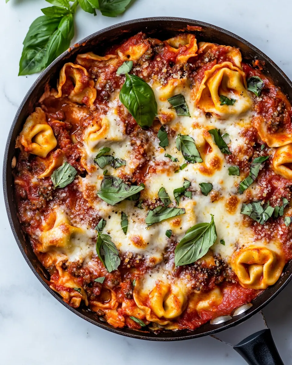 Savory Cheesy Weeknight Tortellini Skillet. food shot