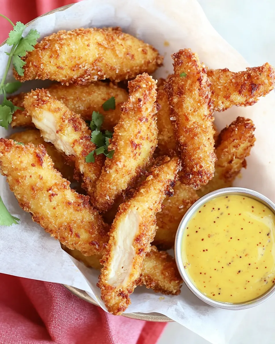 Delicious Chicken Fingers with Honey Mustard Dipping Sauce food shot