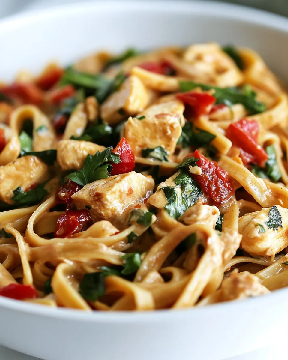 Classic Chicken Pasta with Roasted Red Pepper Cream Sauce Recipe shot