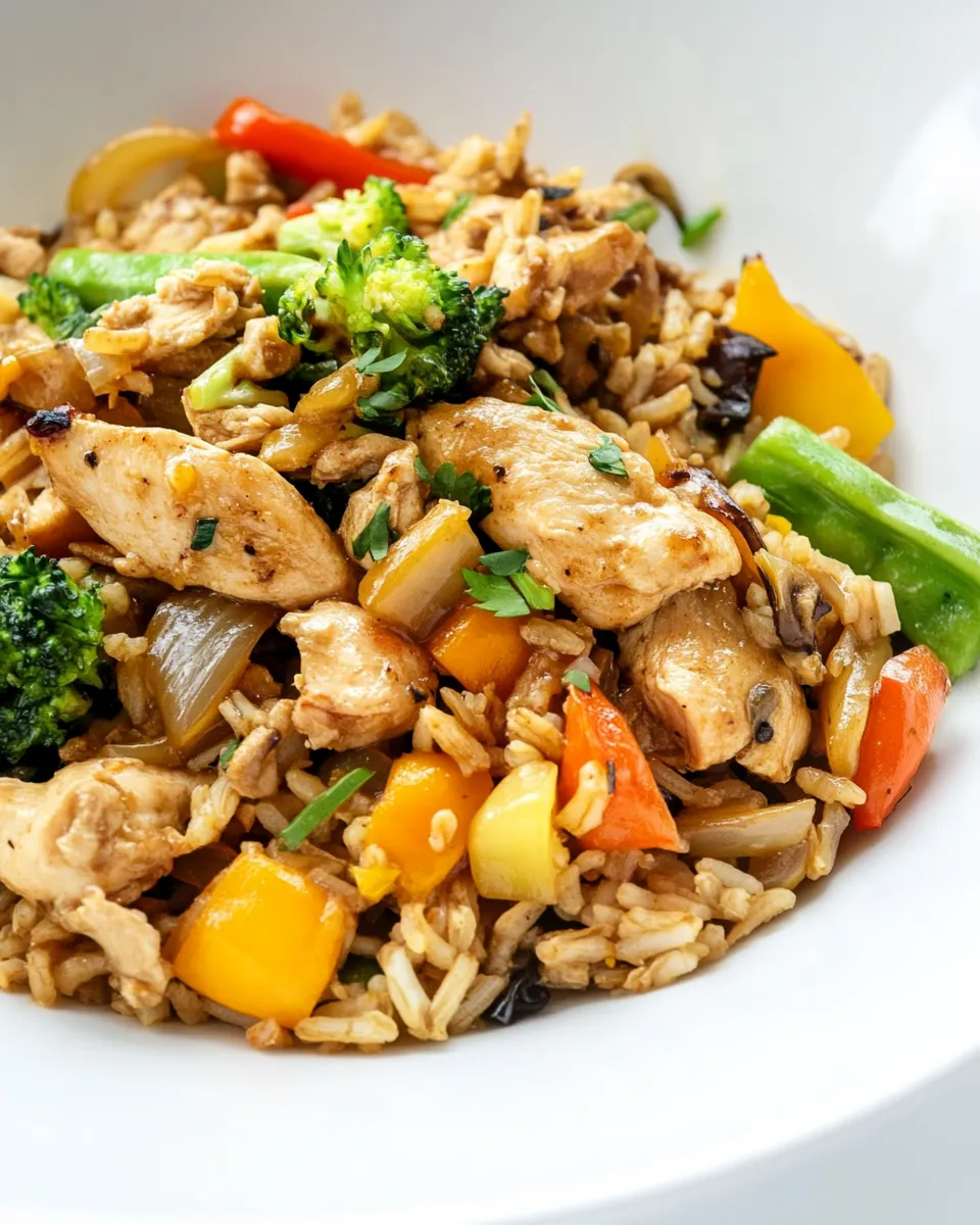 Delicious Chicken Stir-Fry with Vegetables and Brown Rice food shot