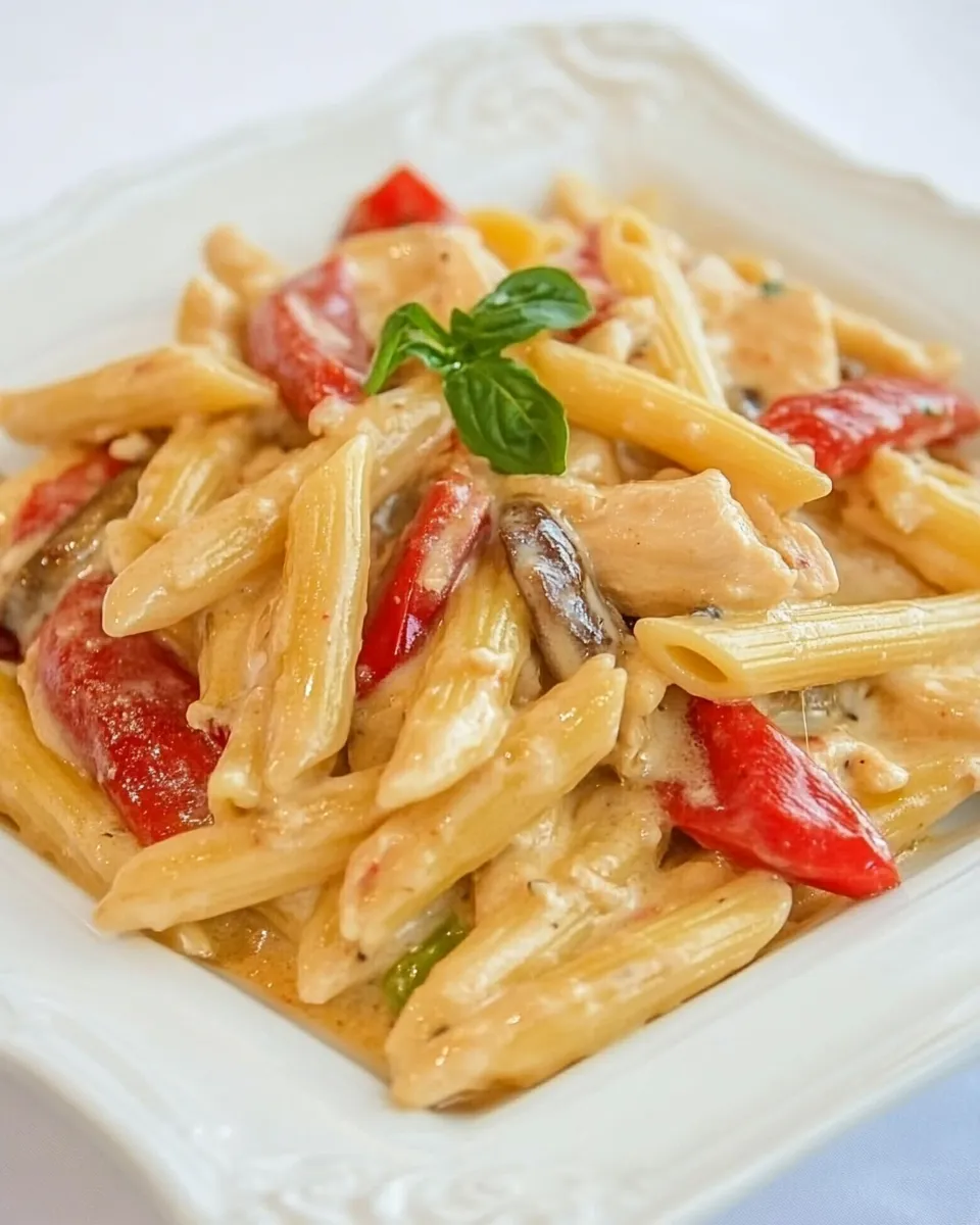 Delicious Chicken and Vegetable Penne Alfredo shot