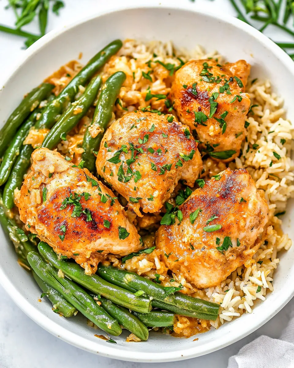 Easy Coconut Chicken with Rice and Green Beans food shot