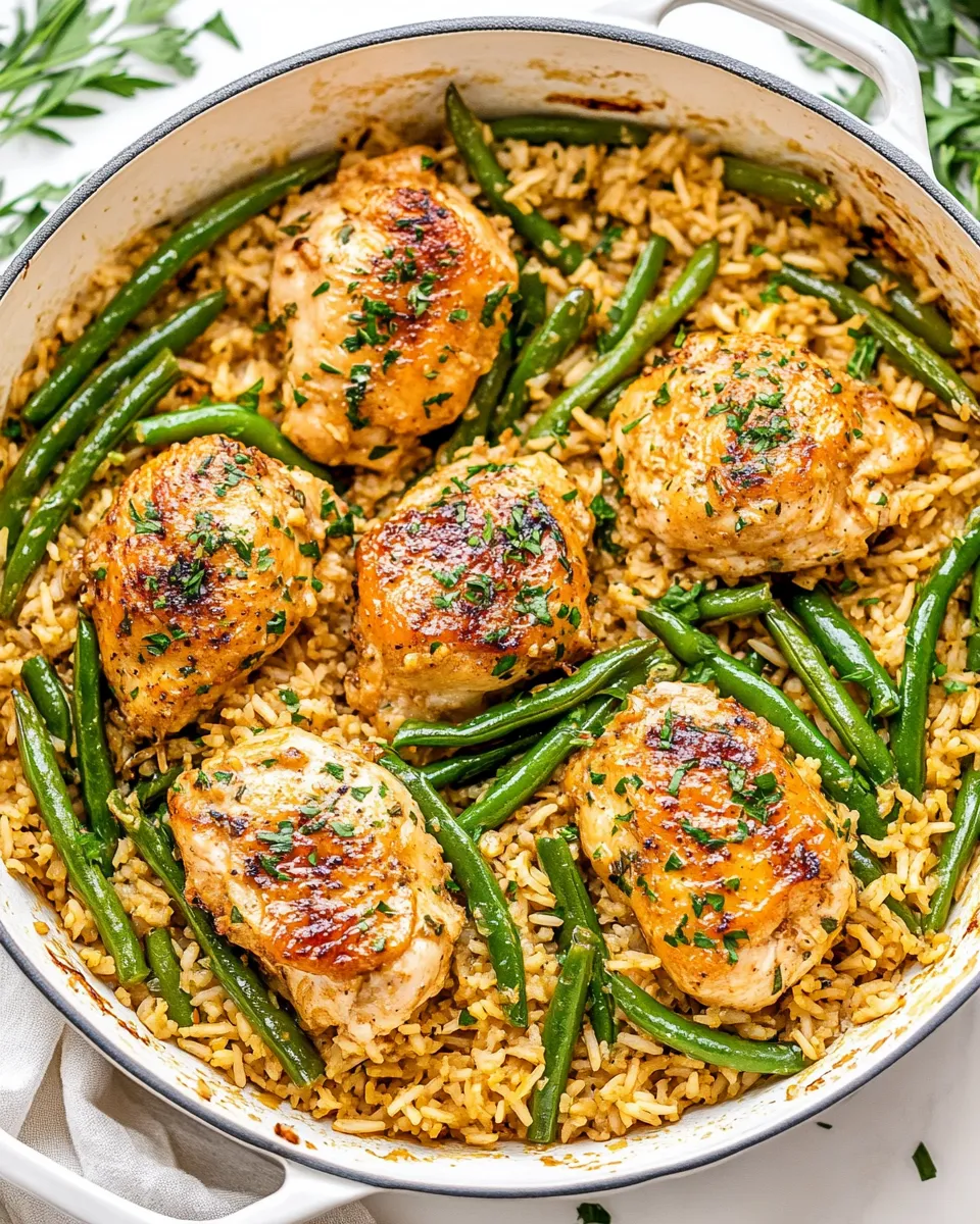 Delicious Coconut Chicken with Rice and Green Beans plate image