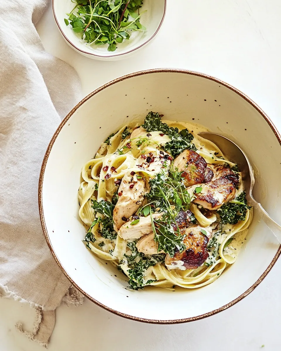 Easy Creamy Chicken Picata Pasta with Kale food shot