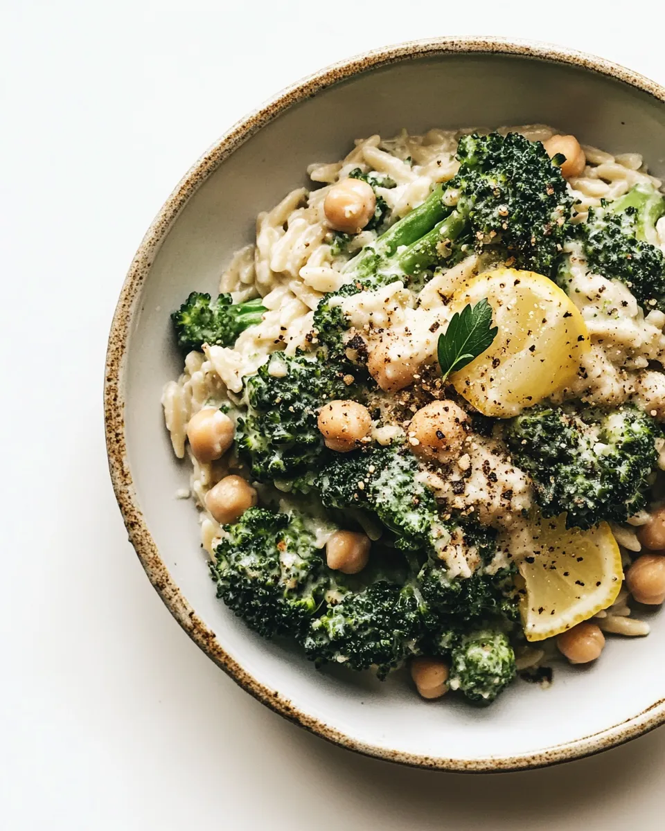 Delicious Creamy Lemon Orzo with Chickpeas & Broccoli food shot