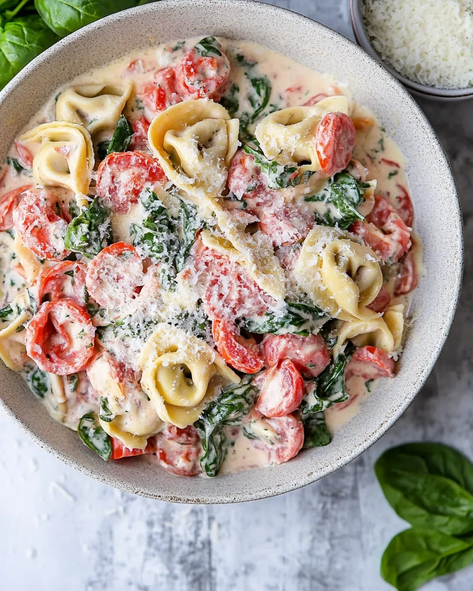 Delicious Creamy Spinach Tomato Tortellini shot