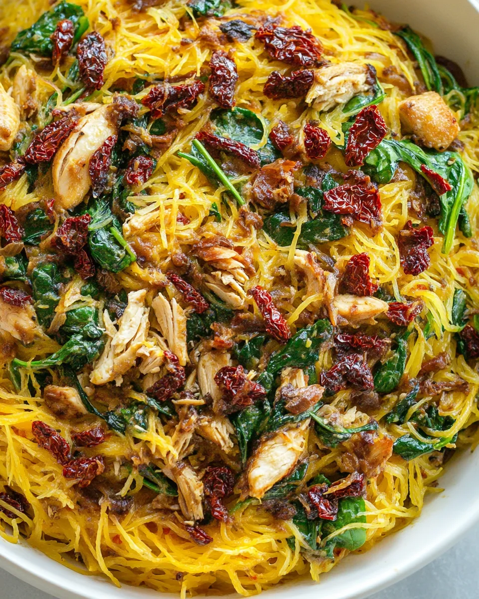 Delicious Creamy Sun-Dried Tomato Spaghetti Squash with Chicken and Spinach recipe photo