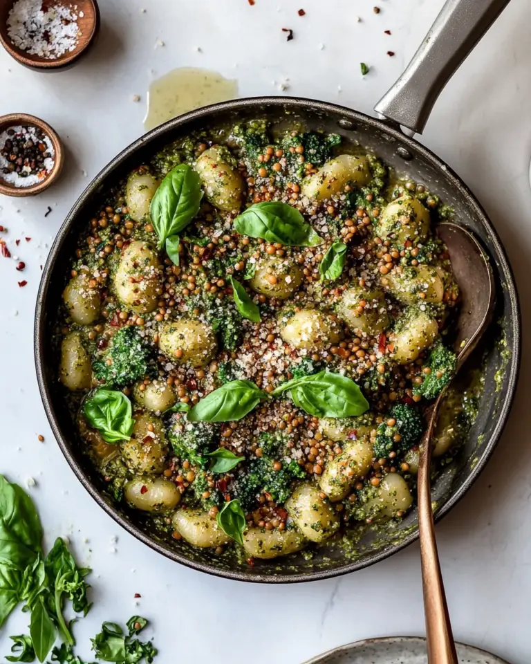 Easy Creamy Vegan Gnocchi Skillet with Pesto, Lentils & Broccoli Rabe photo