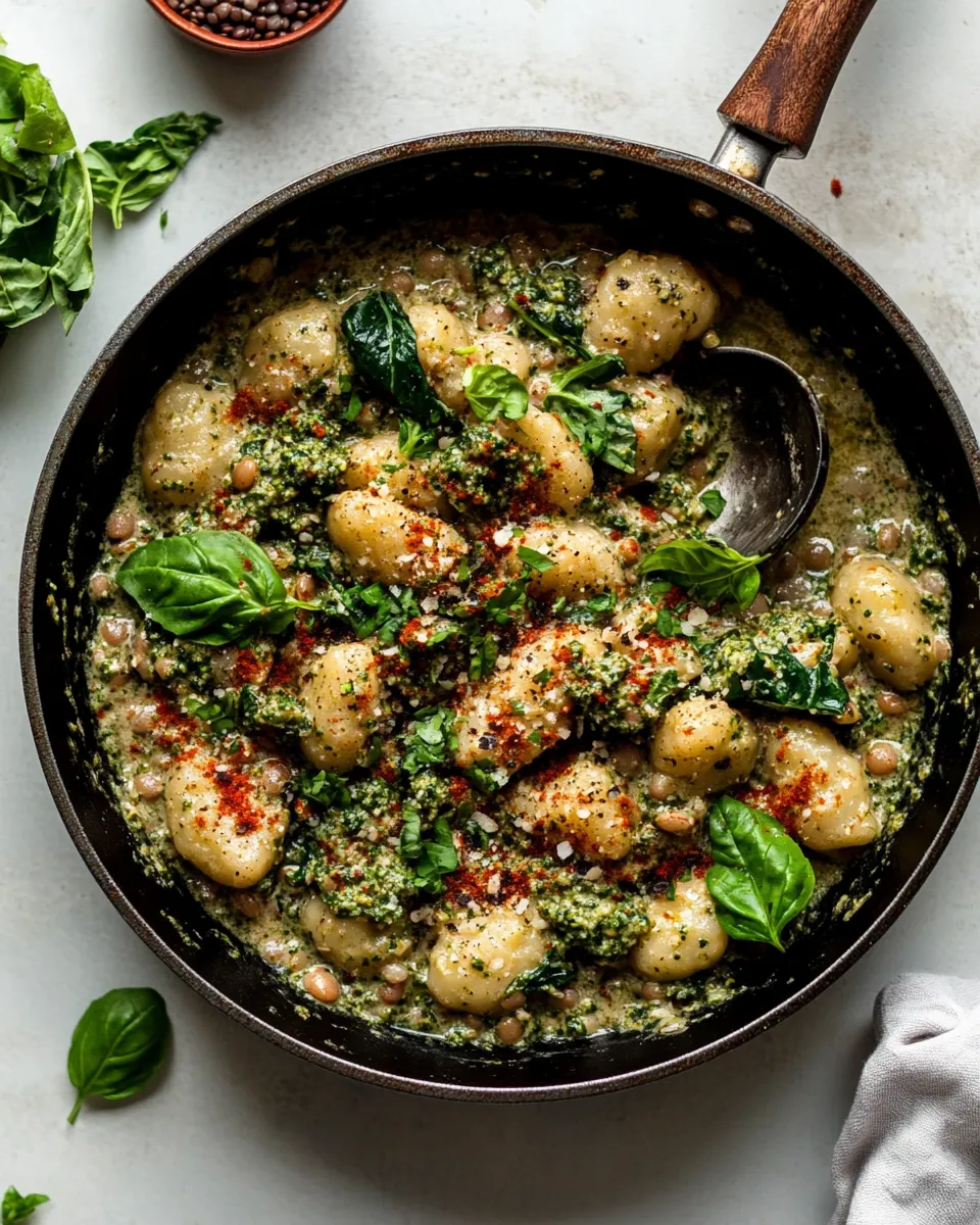 Delicious Creamy Vegan Gnocchi Skillet with Pesto, Lentils & Broccoli Rabe image