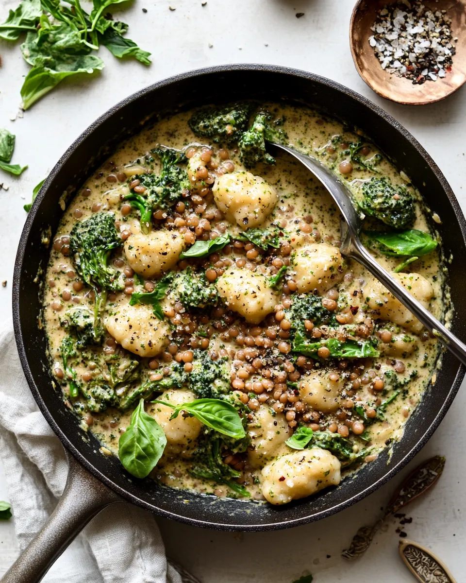 Quick Creamy Vegan Gnocchi Skillet with Pesto, Lentils & Broccoli Rabe recipe photo