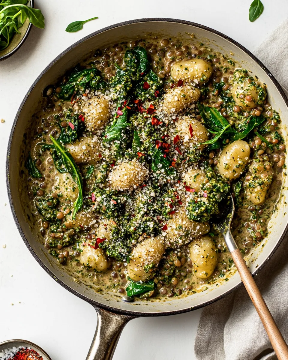 Healthy Creamy Vegan Gnocchi Skillet with Pesto, Lentils & Broccoli Rabe shot