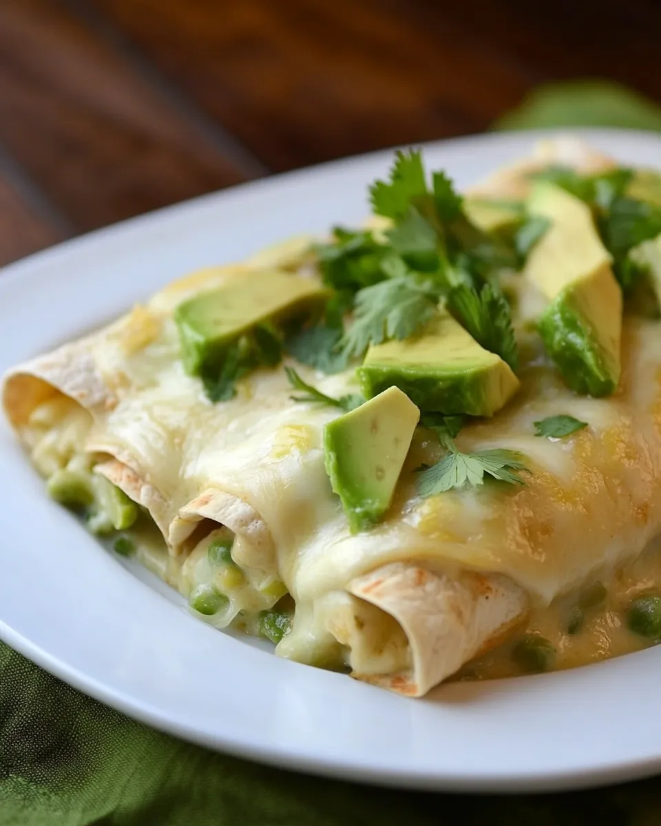 Savory Creamy White Chicken and Avocado Enchiladas shot