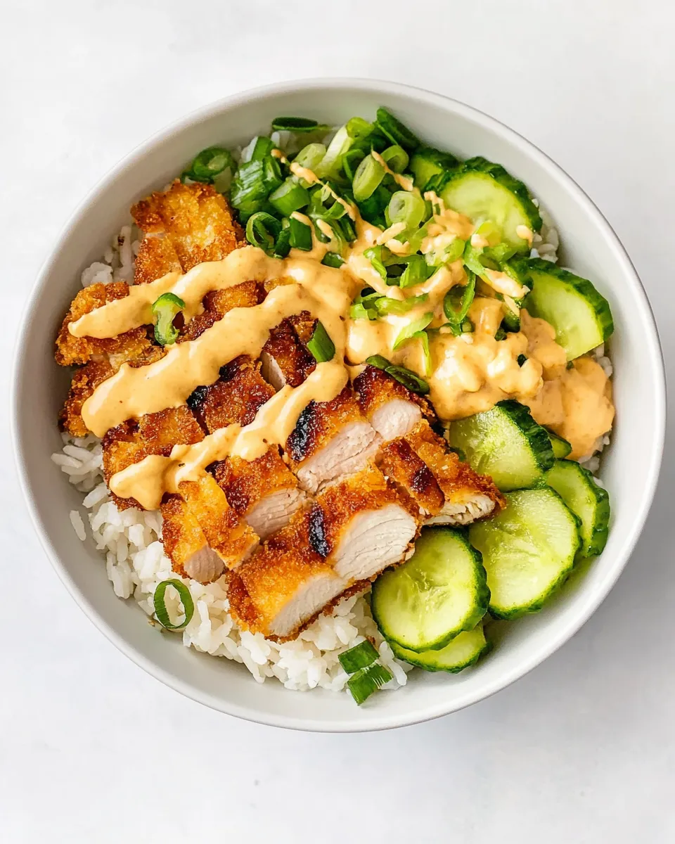 Delicious Crispy Chicken Katsu Bowls with Sriracha Mayo food shot