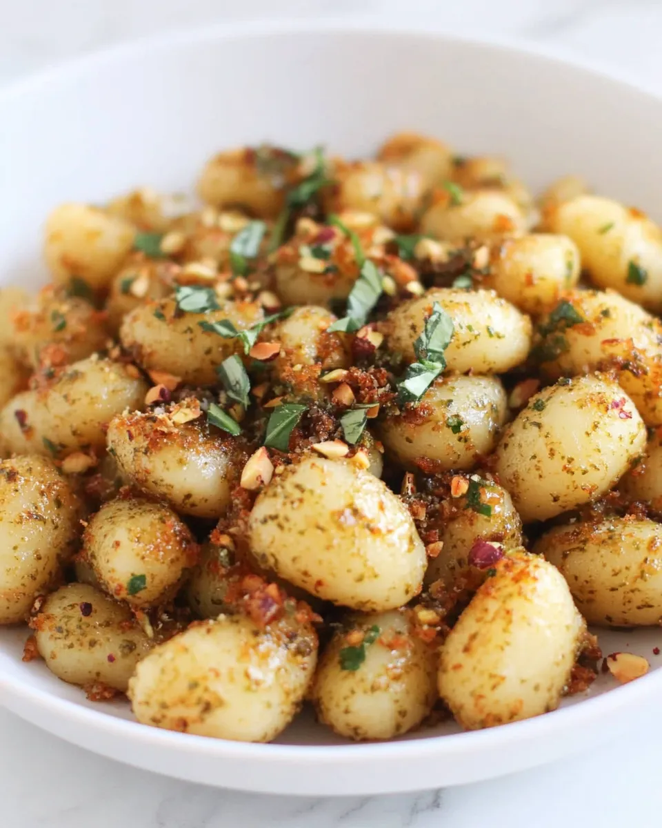 Tasty Crispy Gnocchi with Pistachio Pesto. picture