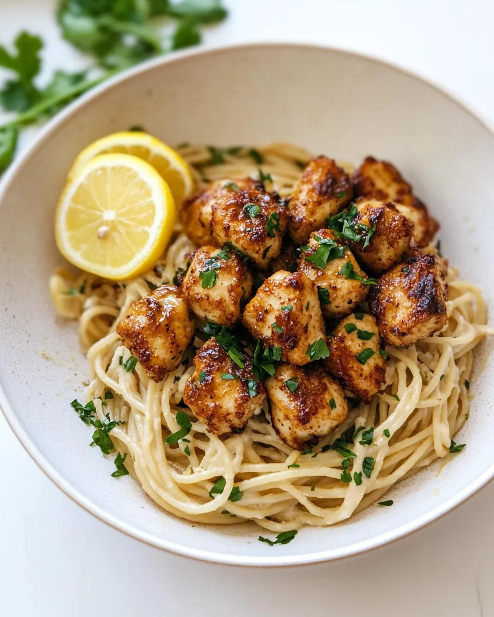 Sweet Crispy Lemon Chicken Bites & Spaghetti. food shot