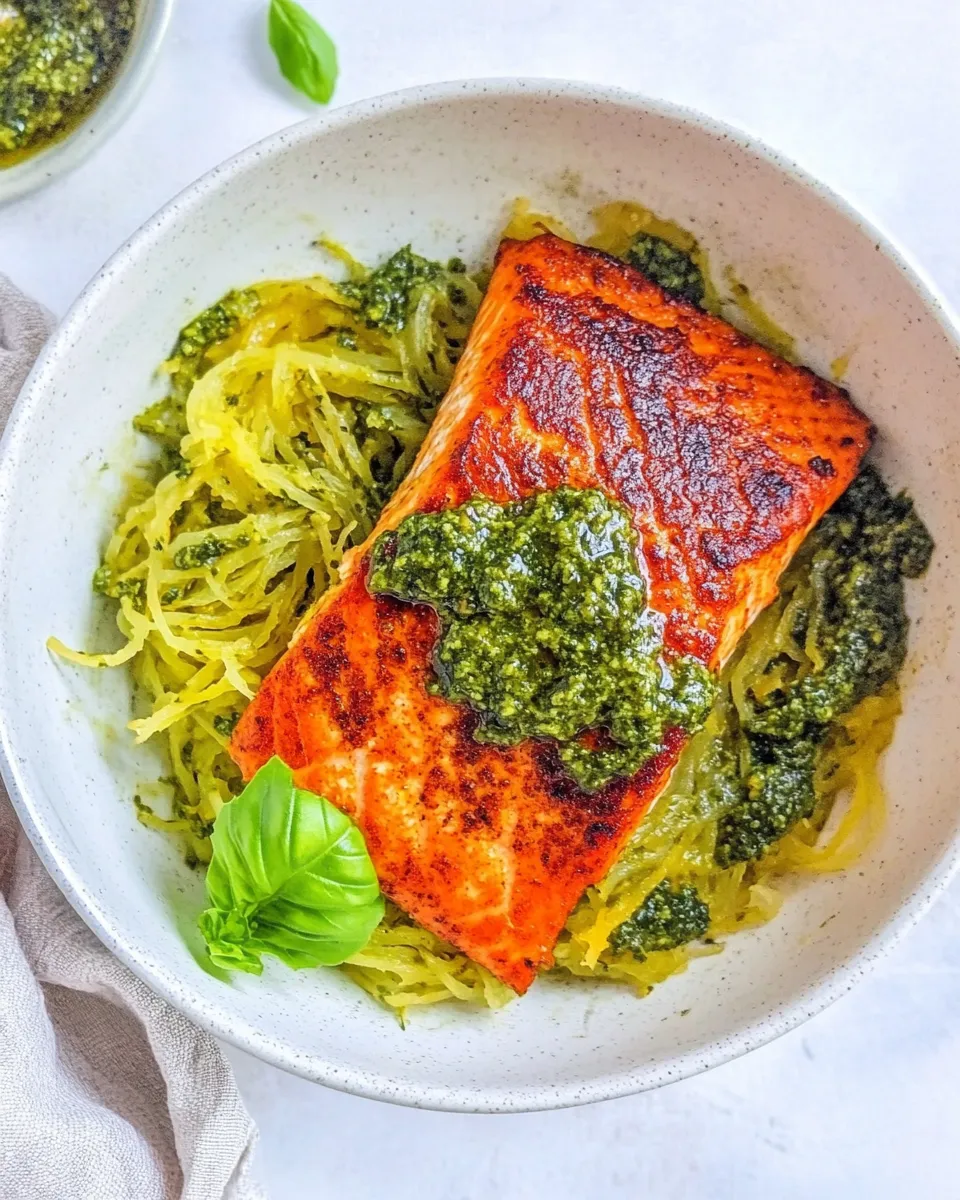 Tasty Crispy Salmon Bowls with Pesto Spaghetti Squash food shot