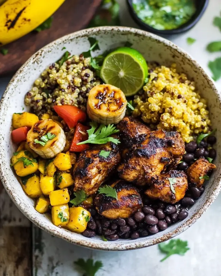 Delicious Cuban Chicken and Black Bean Quinoa Bowls with Fried Bananas. recipe photo