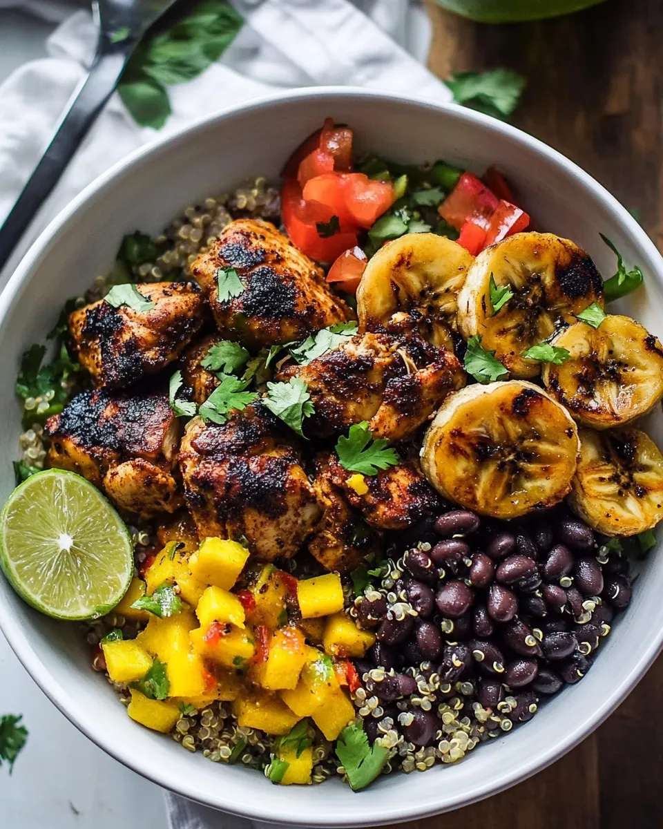 Healthy Cuban Chicken and Black Bean Quinoa Bowls with Fried Bananas. dish photo