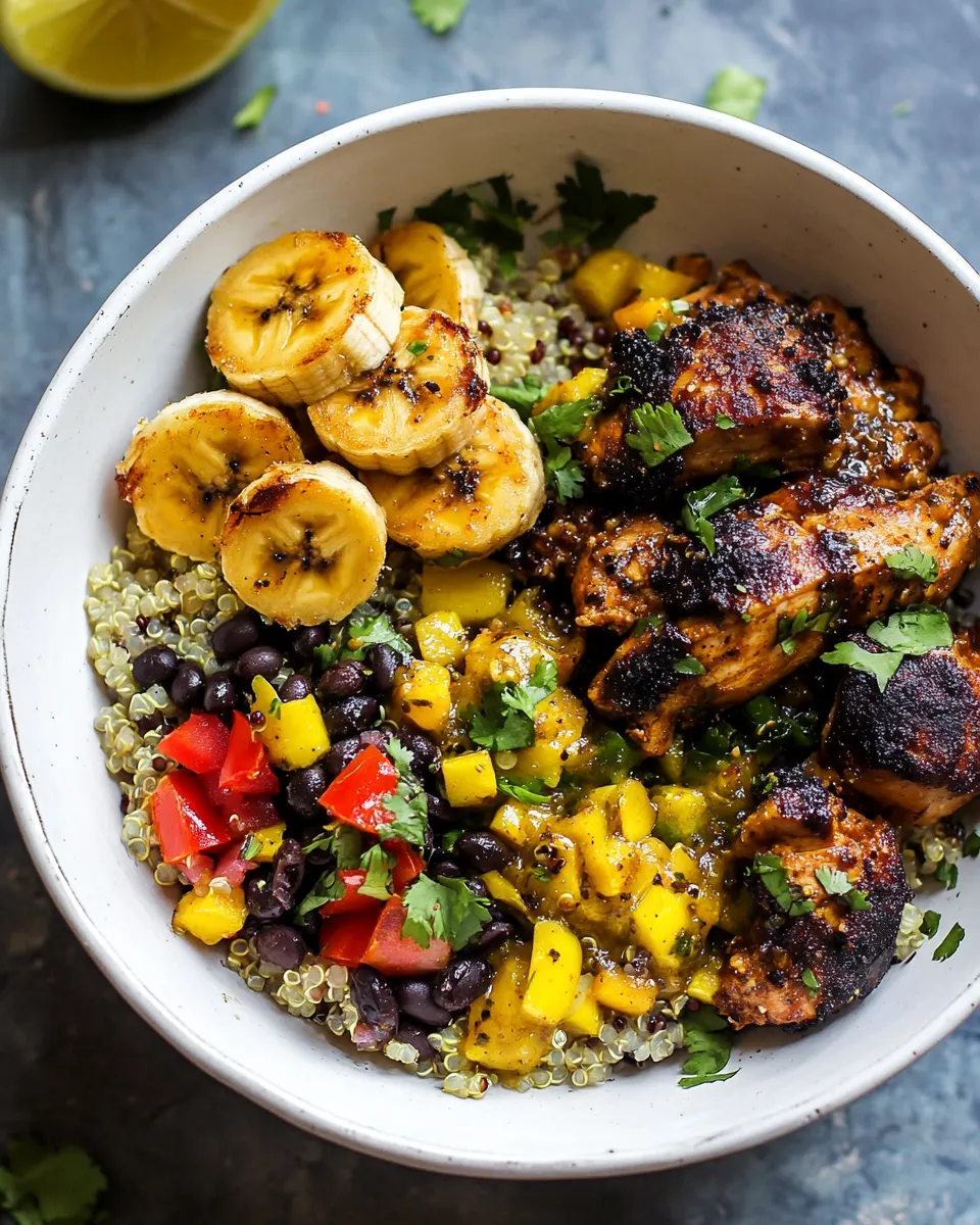 Easy Cuban Chicken and Black Bean Quinoa Bowls with Fried Bananas. food shot