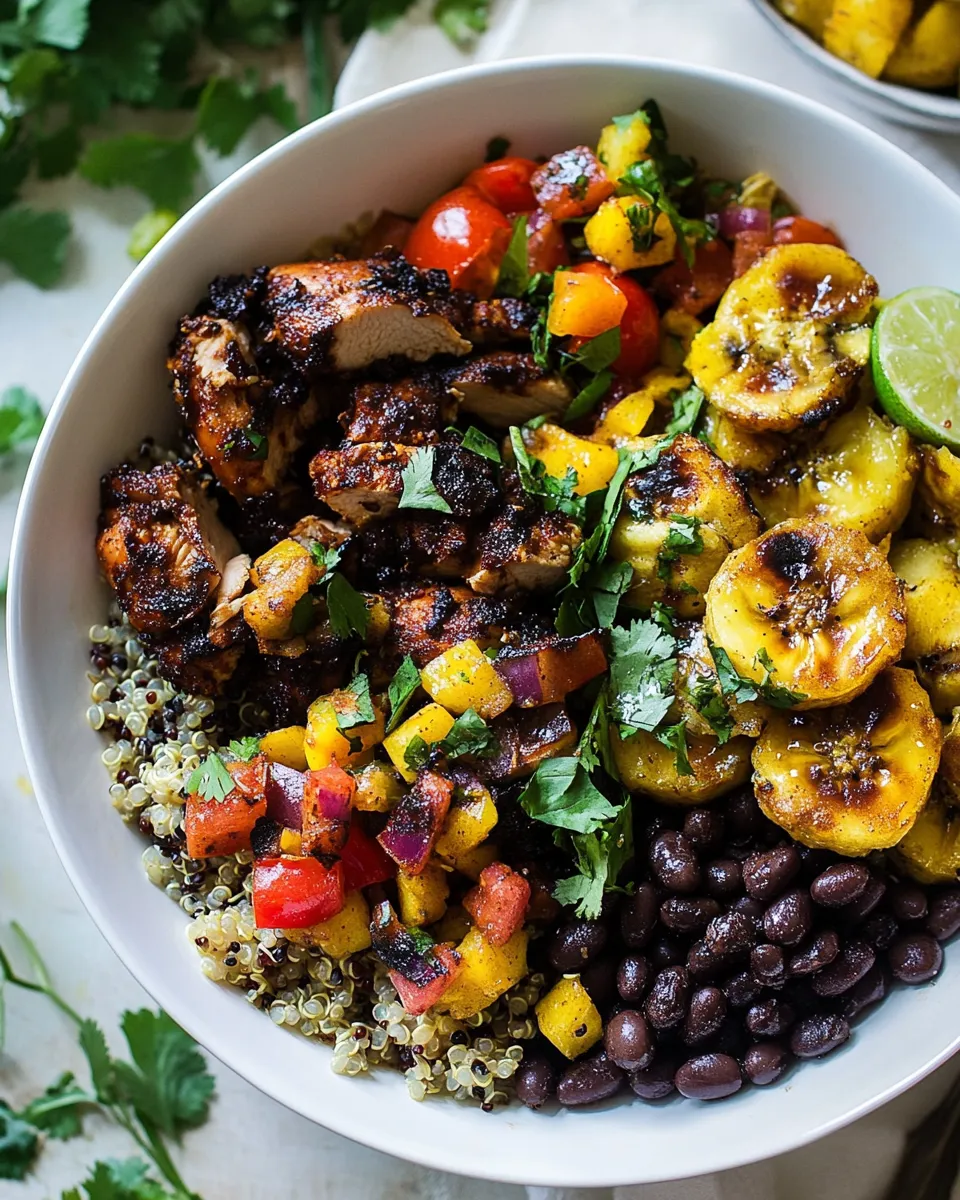 Classic Cuban Chicken and Black Bean Quinoa Bowls with Fried Bananas. image