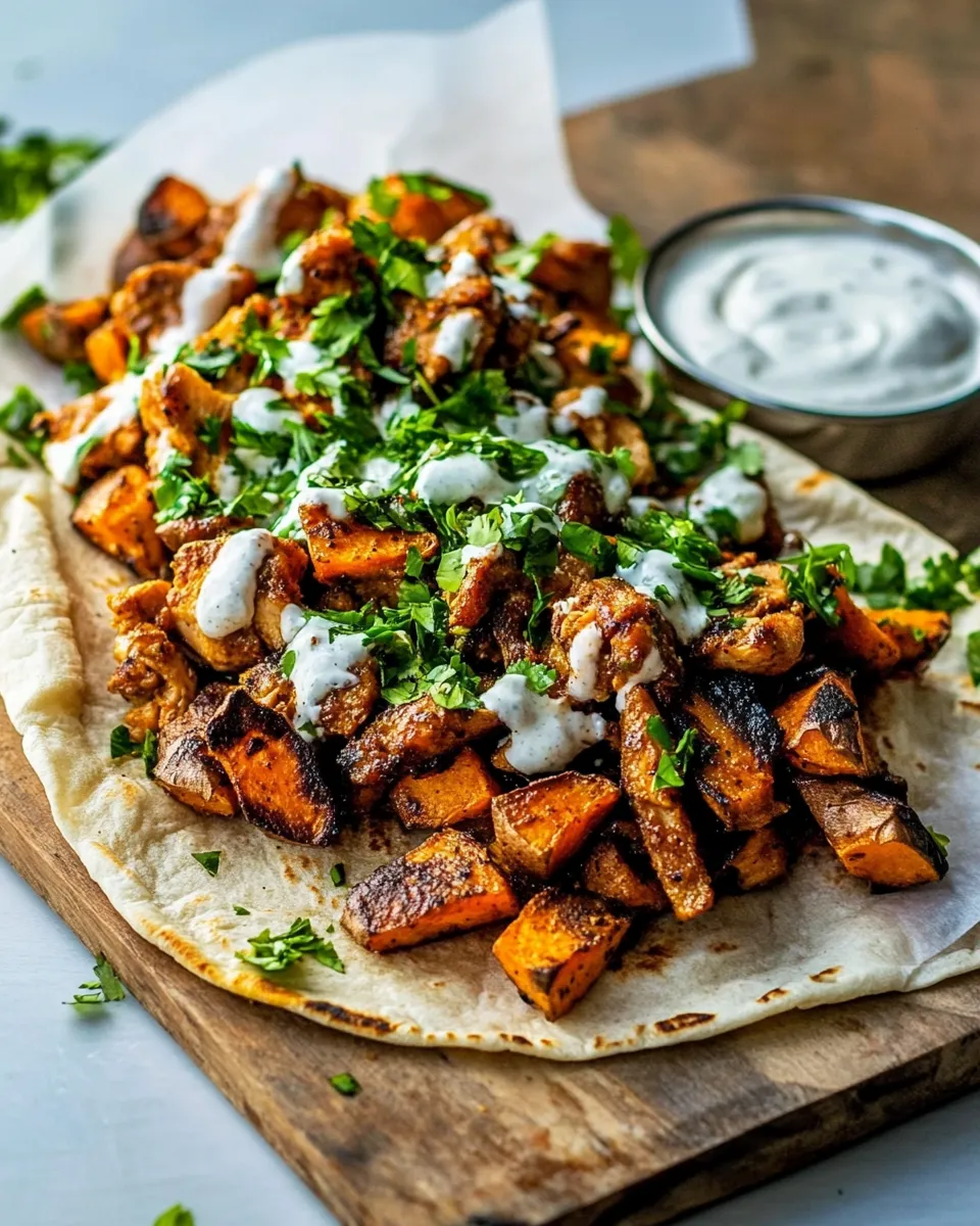 Homemade Curry Chicken Gyro and Tahini Sweet Potatoes. recipe photo