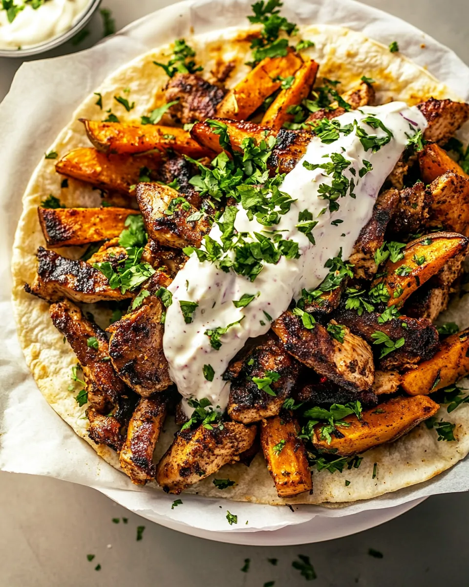 Classic Curry Chicken Gyro and Tahini Sweet Potatoes. dish photo