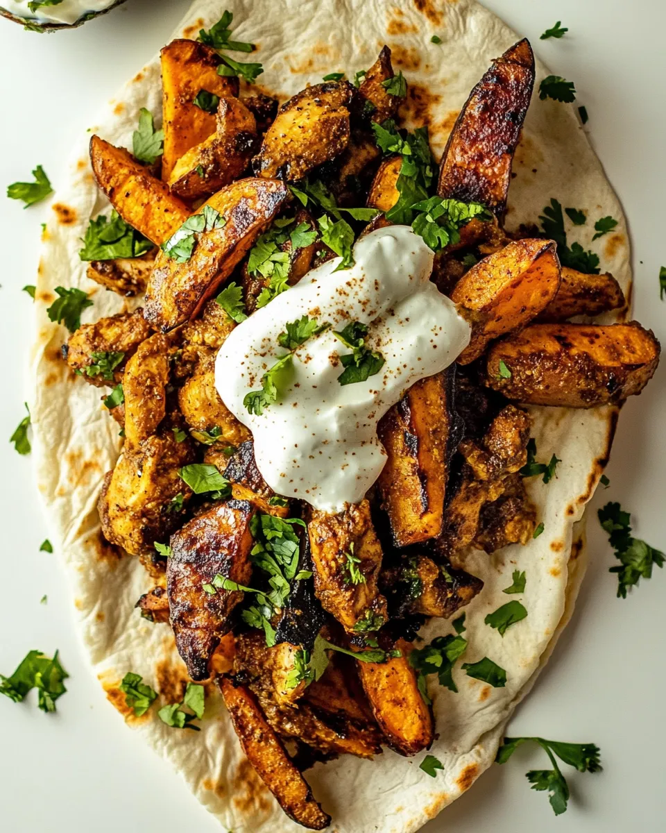 Easy Curry Chicken Gyro and Tahini Sweet Potatoes. food shot