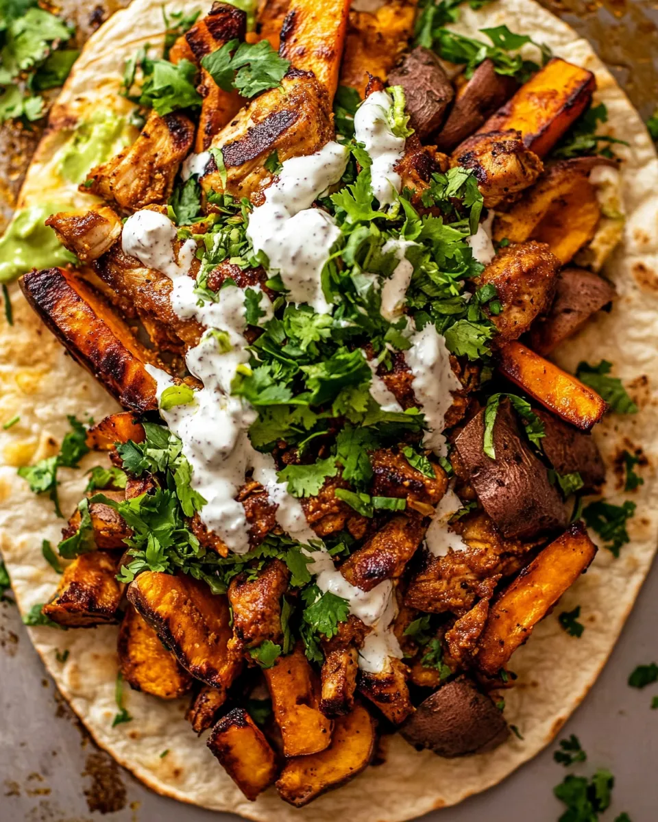 Delicious Curry Chicken Gyro and Tahini Sweet Potatoes. plate image