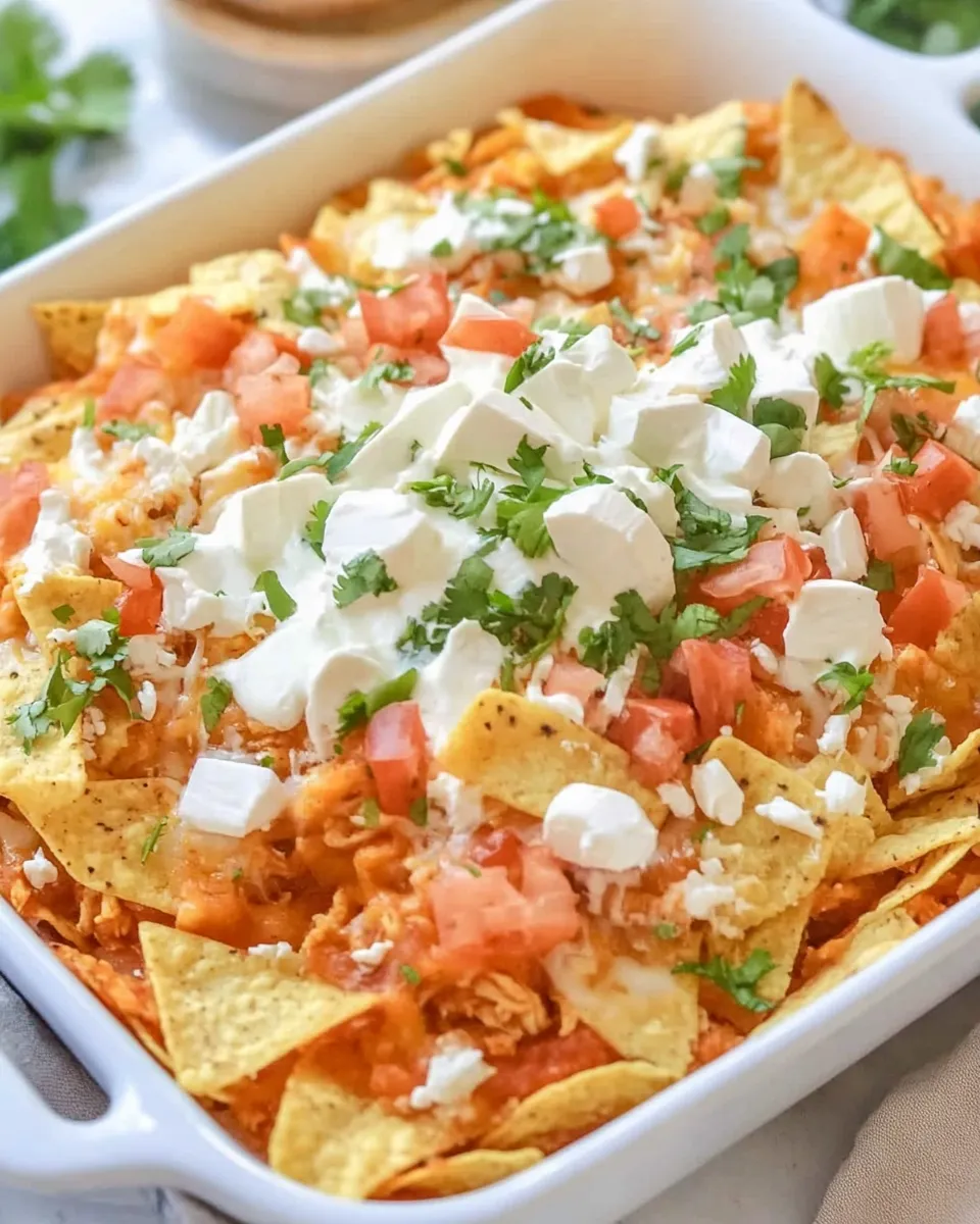 Delicious Easy Baked Chicken Chilaquiles food shot