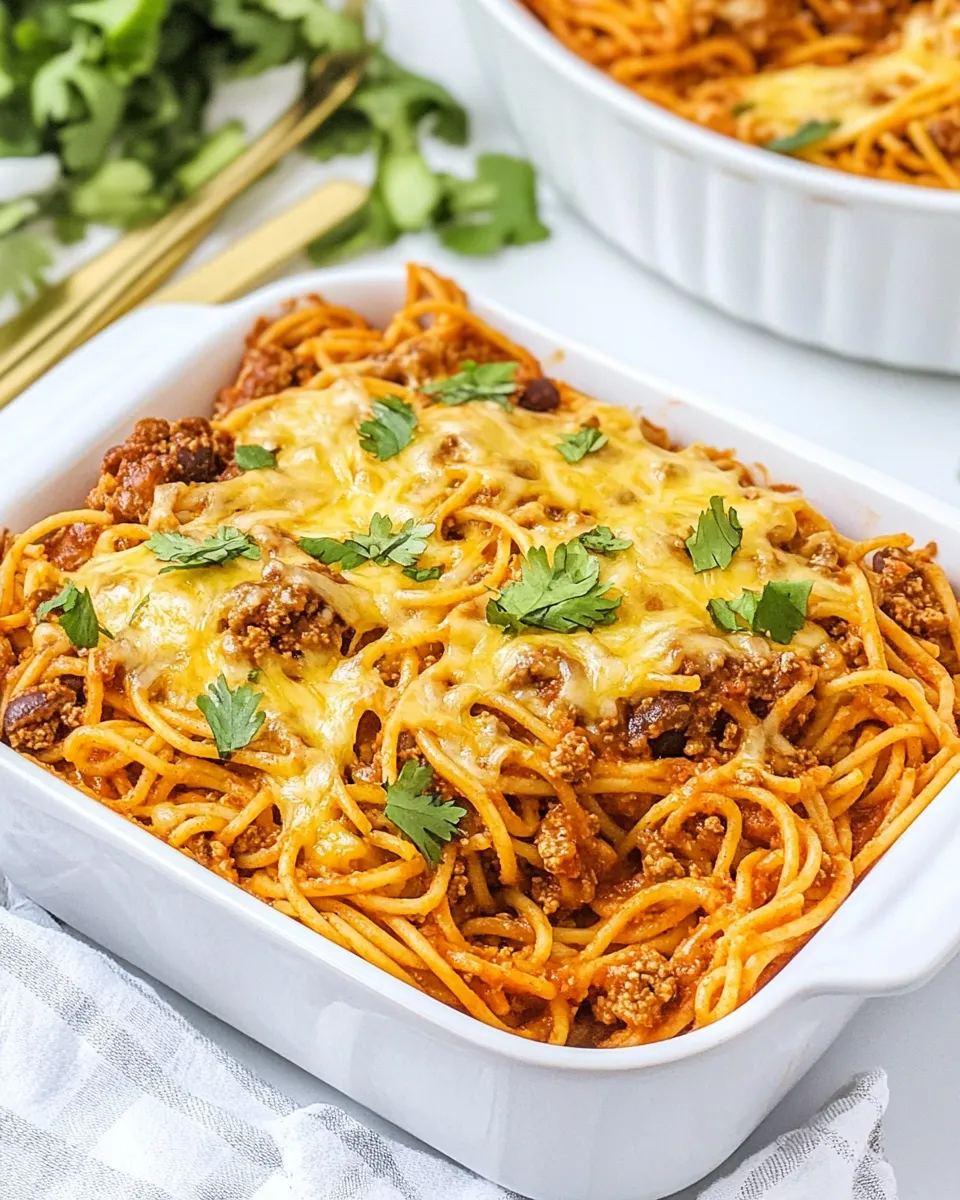 Delicious Easy Cheesy Taco Spaghetti Casserole recipe photo
